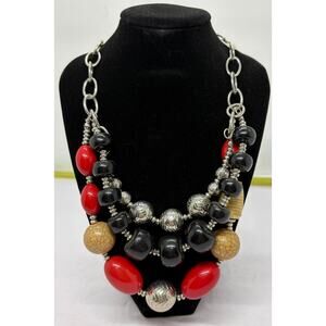 Chico’s Three Strand Chunky Silver and Resin Beaded Necklace Signed Stamped
